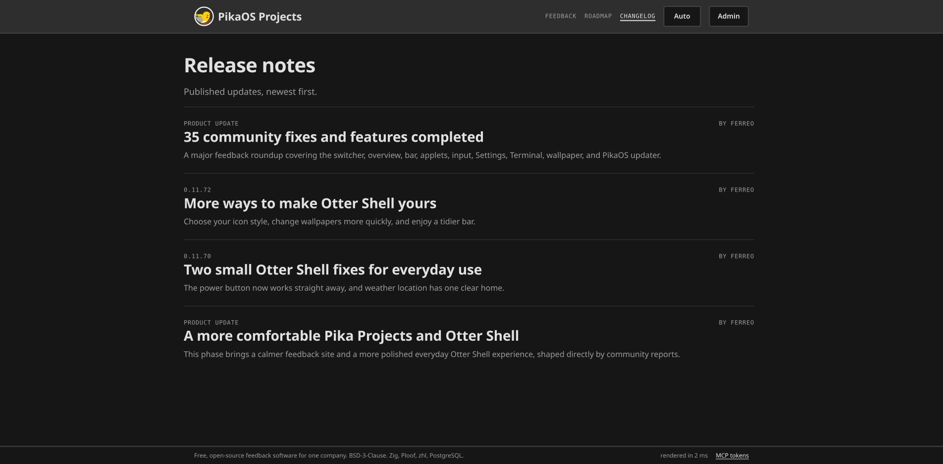 Published release notes in the Pika Projects changelog