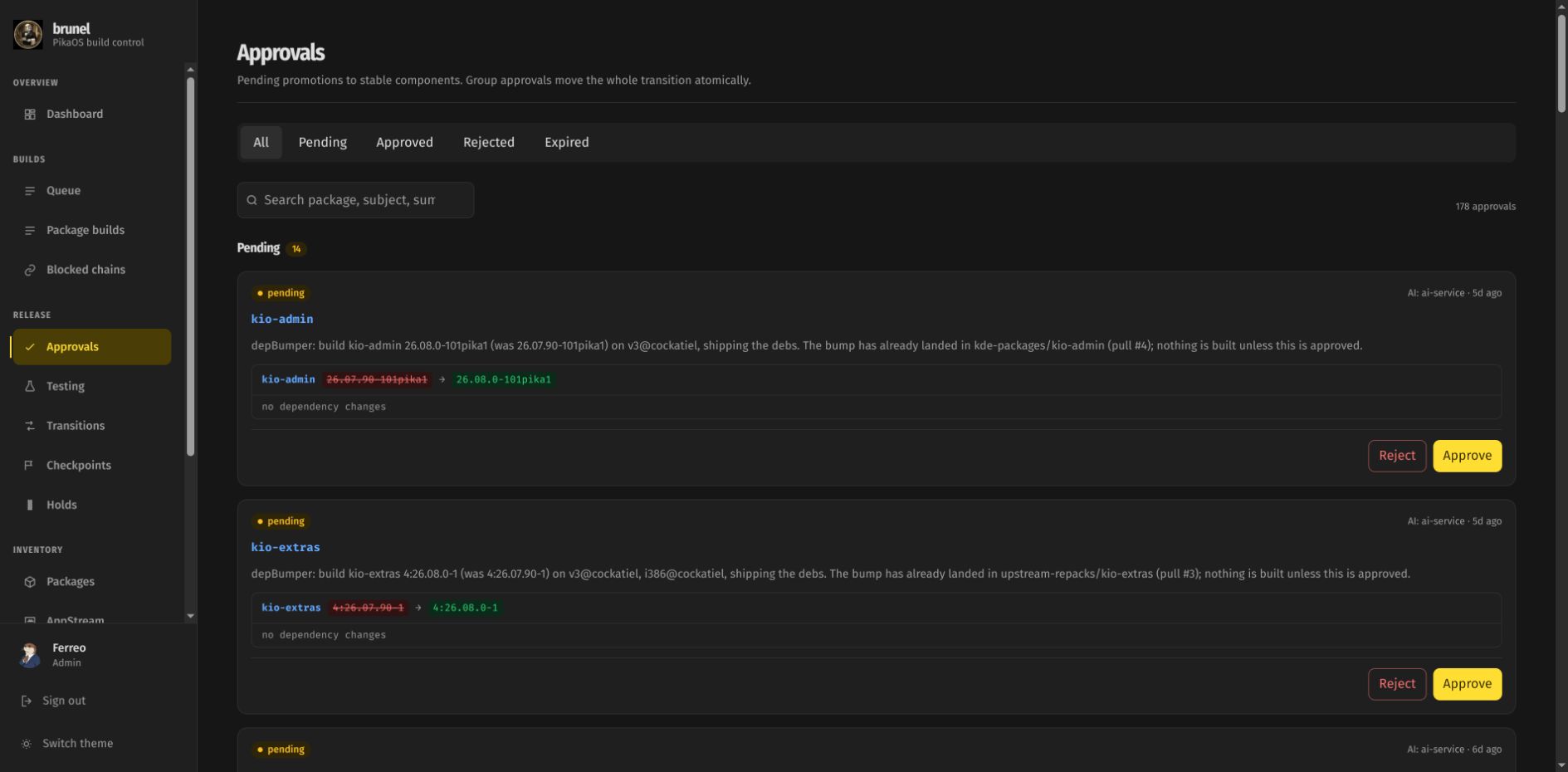Neo Brunel Approvals page showing AI-prepared package updates waiting for Reject or Approve decisions